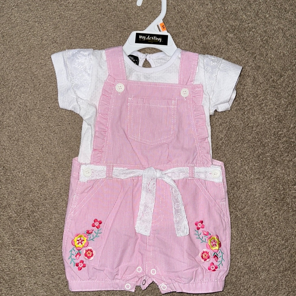 My Destiny 24 months short set overalls, pink, white stripped.